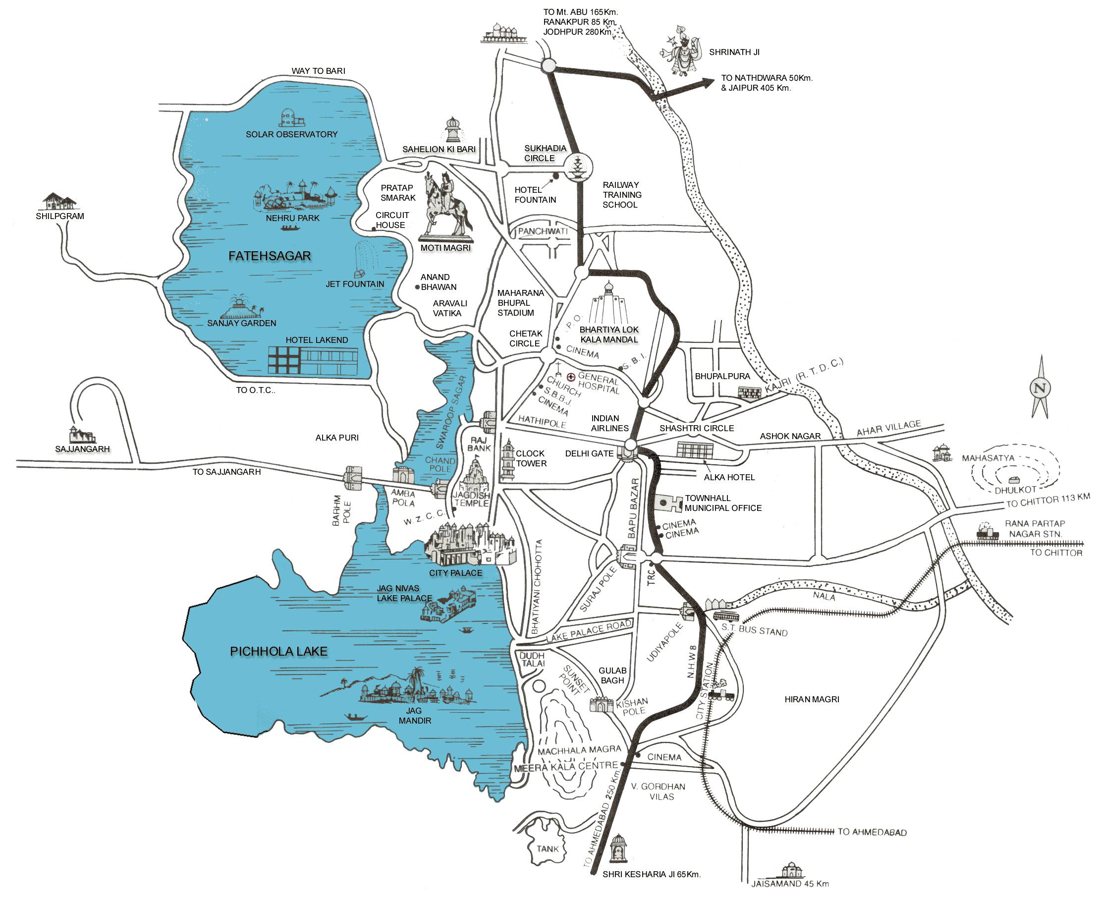 Udaipur city map : All major roads and tourist places located.